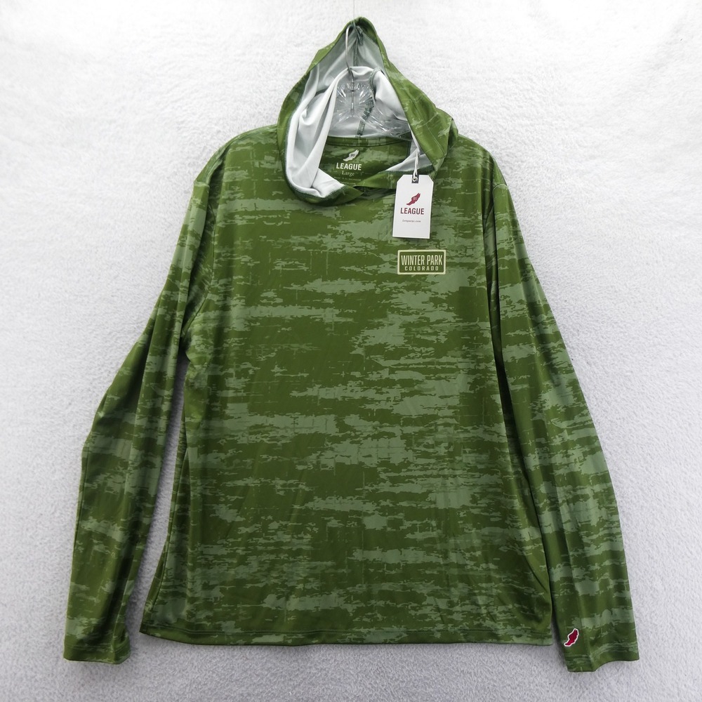 League Hoodie Shirt Mens Large‎ Winter Park Colorado Green Camo Long Sleeve Poly